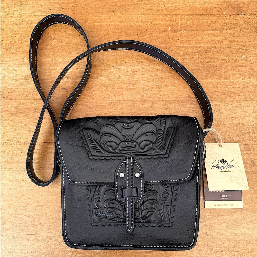 Patricia Nash Marciana Tooled Leather Crossbody Bag Black Floral NWT Boho